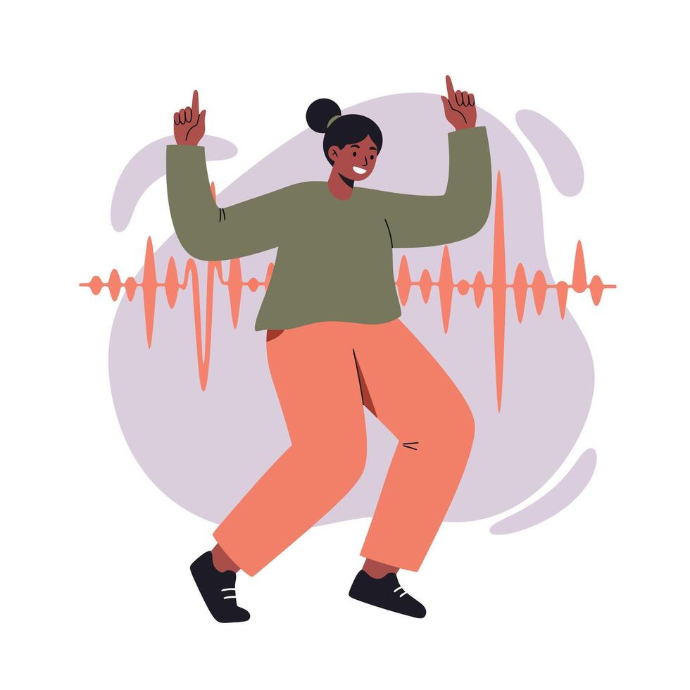 Woman dancing joyfully with soundwave pattern in background in casual outfit and black sneakers vector