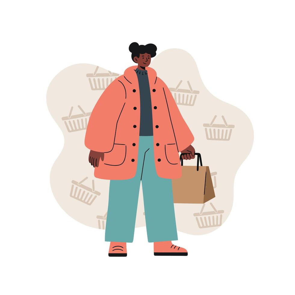 Woman holding shopping bag wearing oversized coat and casual pants in shopping background illustration vector