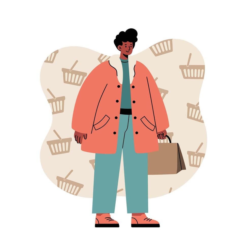 Young person standing with shopping bag wearing orange coat and teal pants with basket pattern background vector