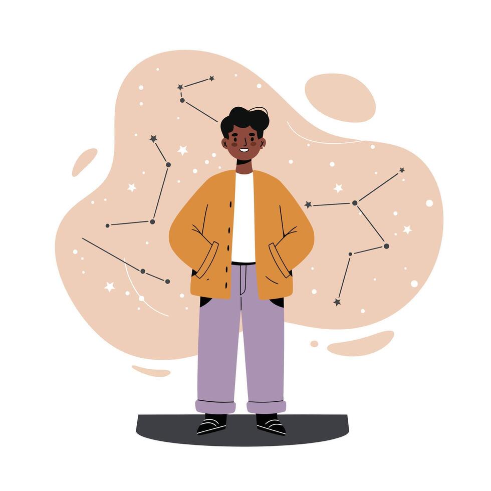 Young person standing with constellation star patterns background in casual outfit illustration vector