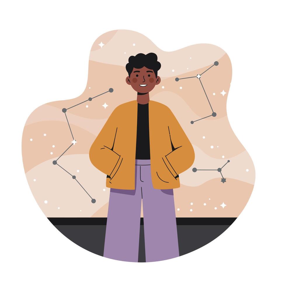 Young person standing confidently with constellation background in muted tones and casual outfit in digital illustration style vector