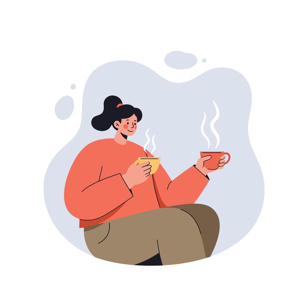 Woman enjoying hot beverage in cozy setting with steam rising from cups natural and relaxing moment vector