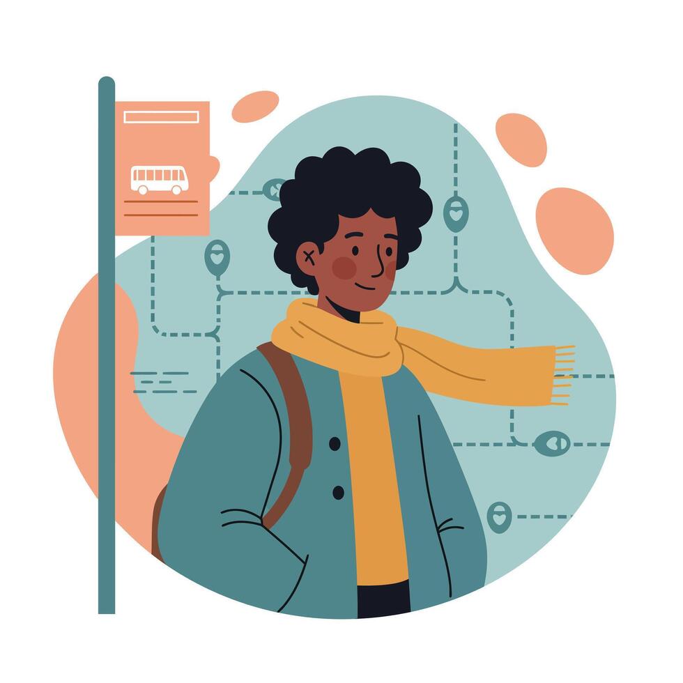 Young person waiting at bus stop wearing teal coat and yellow scarf with public transport map background vector
