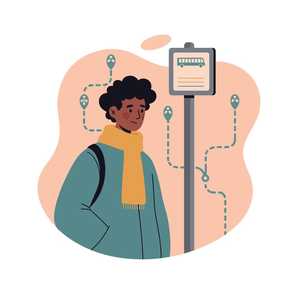 Young man waiting at bus stop wearing winter coat and yellow scarf with map background illustration vector