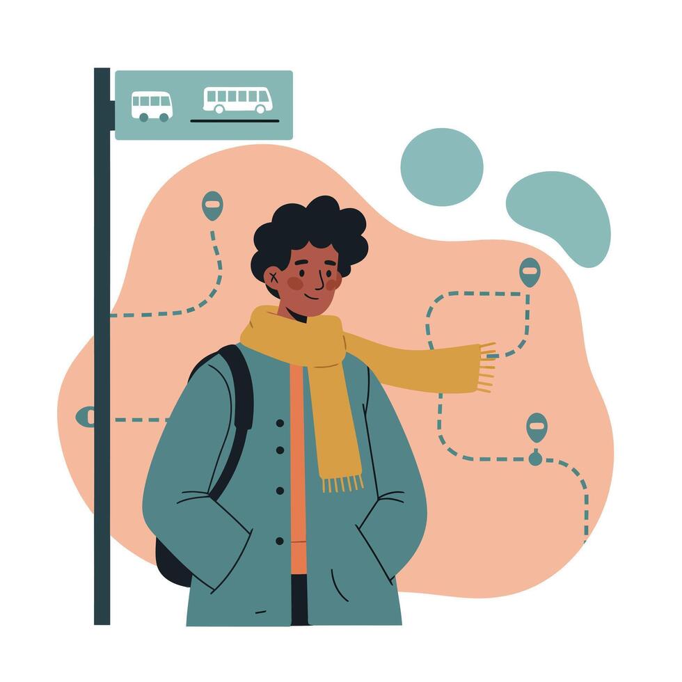 Young man waiting at bus stop with scarf and backpack in urban public transport setting vector