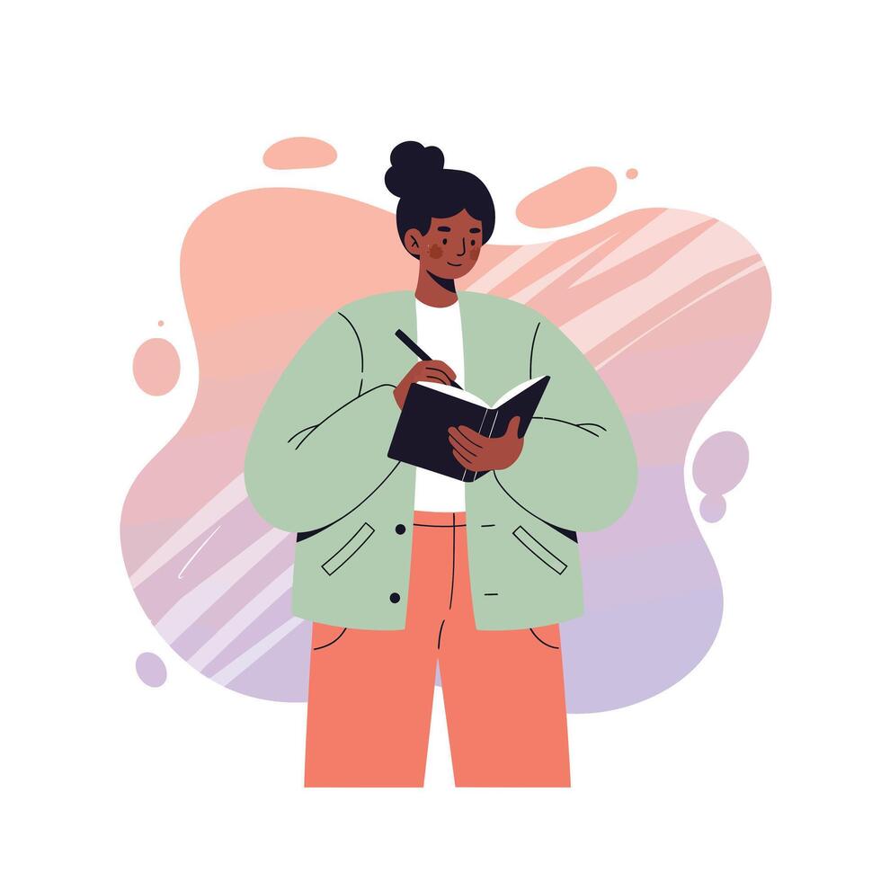 Woman writing in notebook with colorful abstract background simple illustration in casual outfit vector