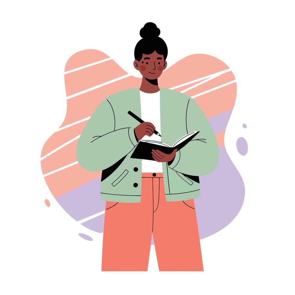 Young woman writing notes in notebook with pastel color background and casual green jacket natural lifestyle scene vector
