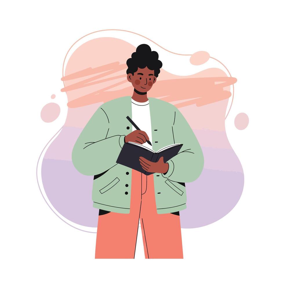 Young person writing in notebook with casual clothing in modern flat style illustration vector