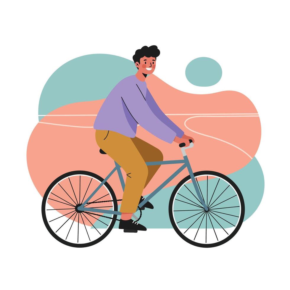 Young man riding bicycle outdoors casual clothing illustration with abstract background and happy expression vector