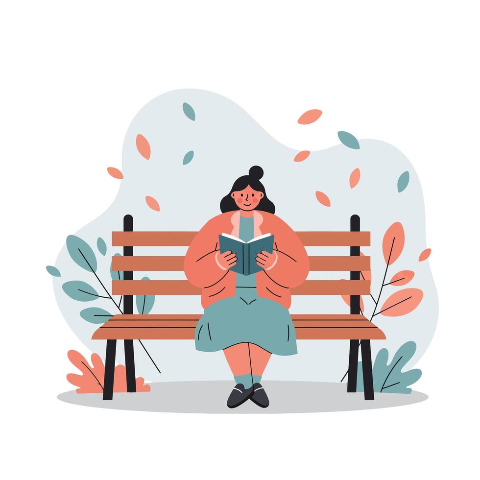 Woman reading book on park bench surrounded by autumn leaves and plants in calm outdoor setting vector