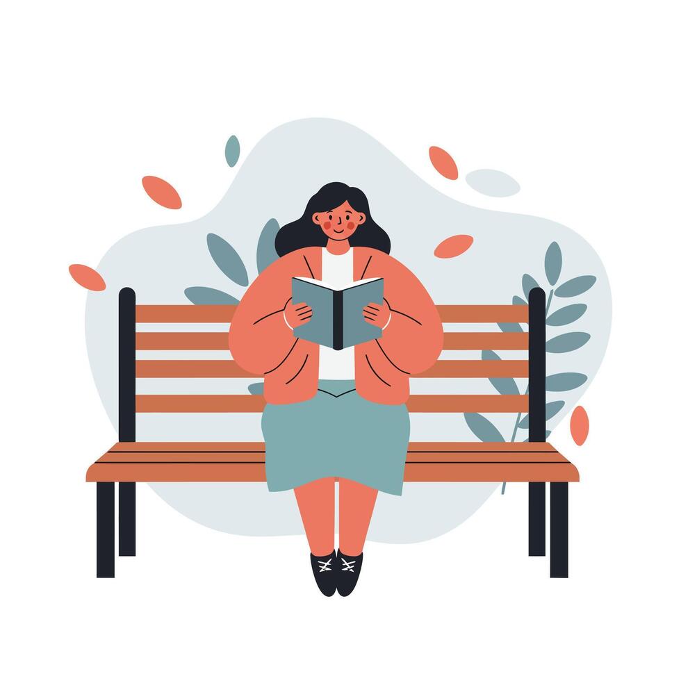 Woman seated on wooden bench reading book with autumn leaves and plants background illustration vector