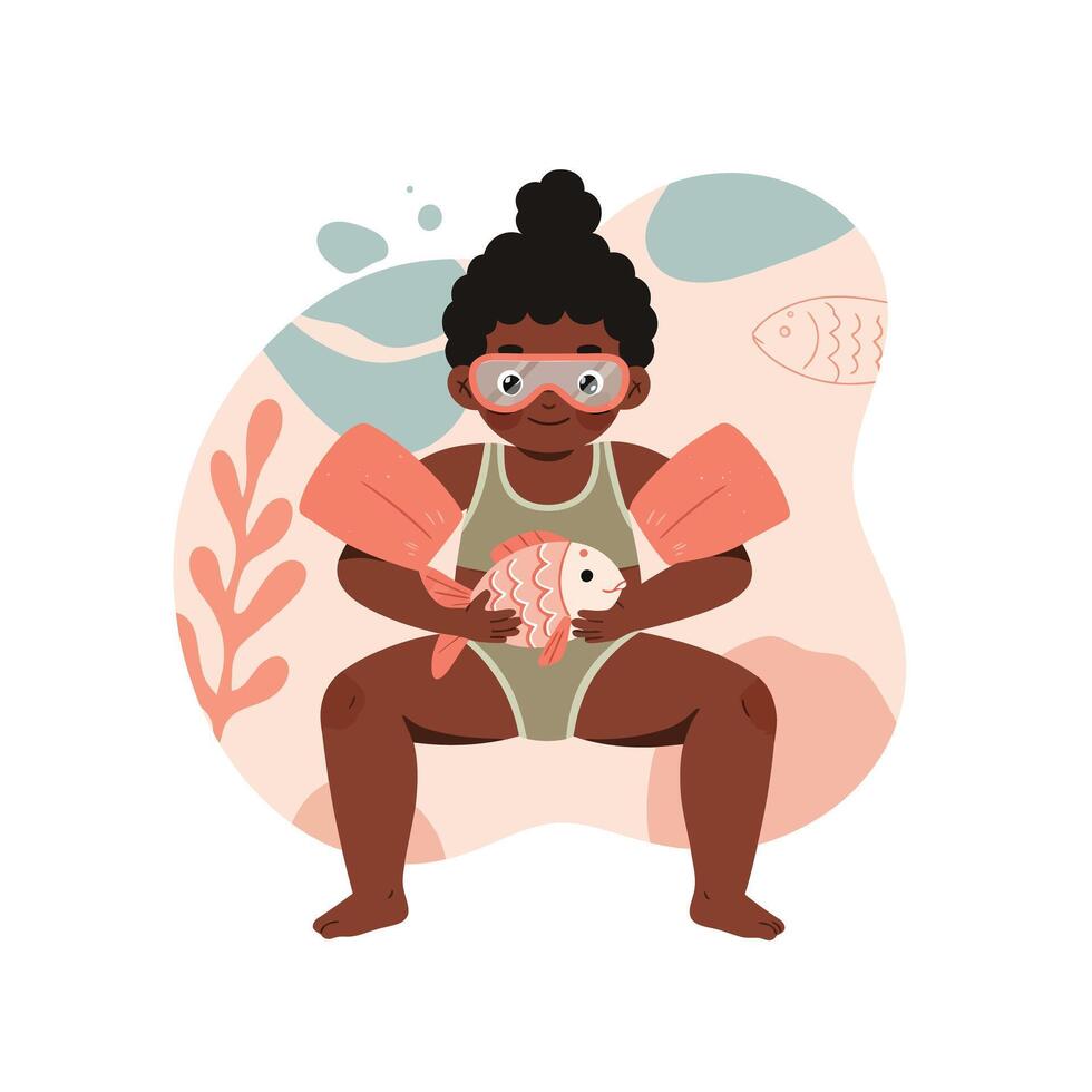 Child wearing swimming floaties holding a fish toy in playful water activity environment vector