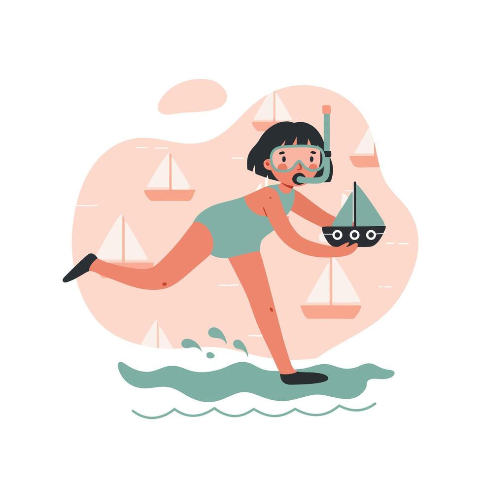Child in snorkeling gear playing with toy sailboat near water waves in playful summer scene vector