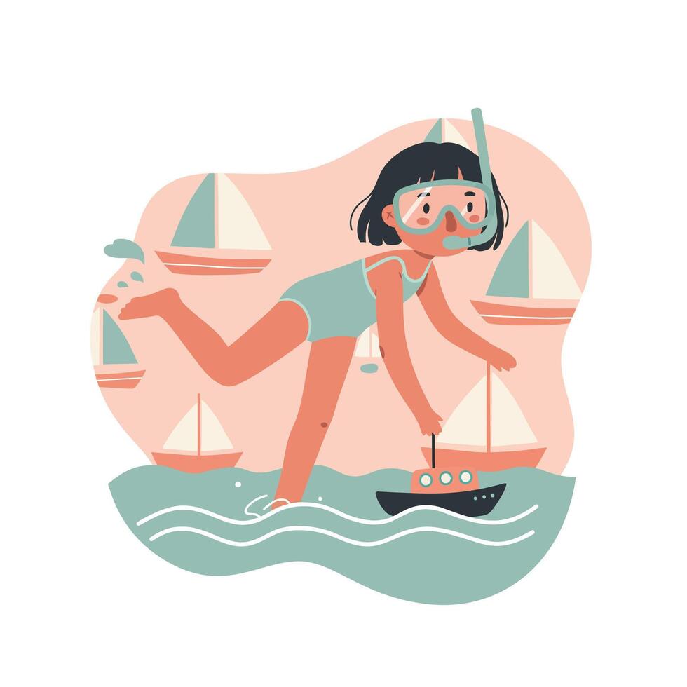 Child Wearing Snorkel Mask Playing with Toy Boat on Water with Sailboats Background in Summer Scene vector