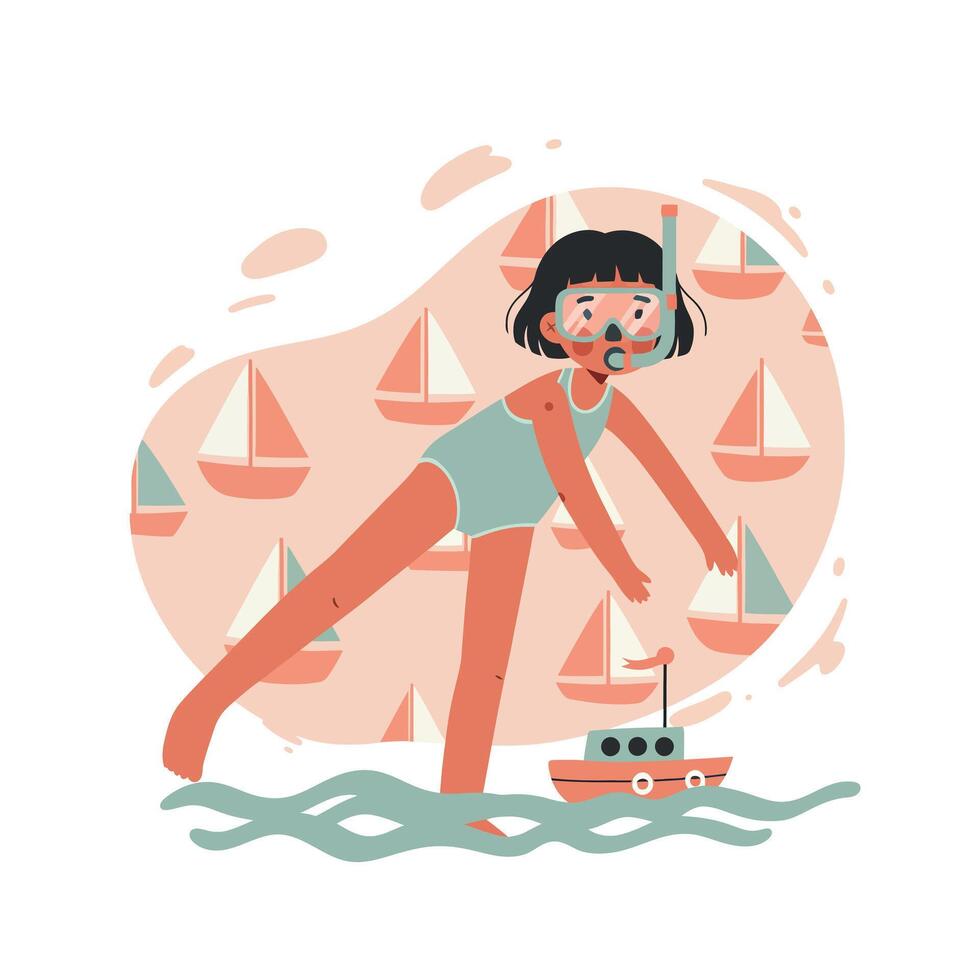 Child playing with toy boat in water with sailboat pattern background in soft pastel colors vector