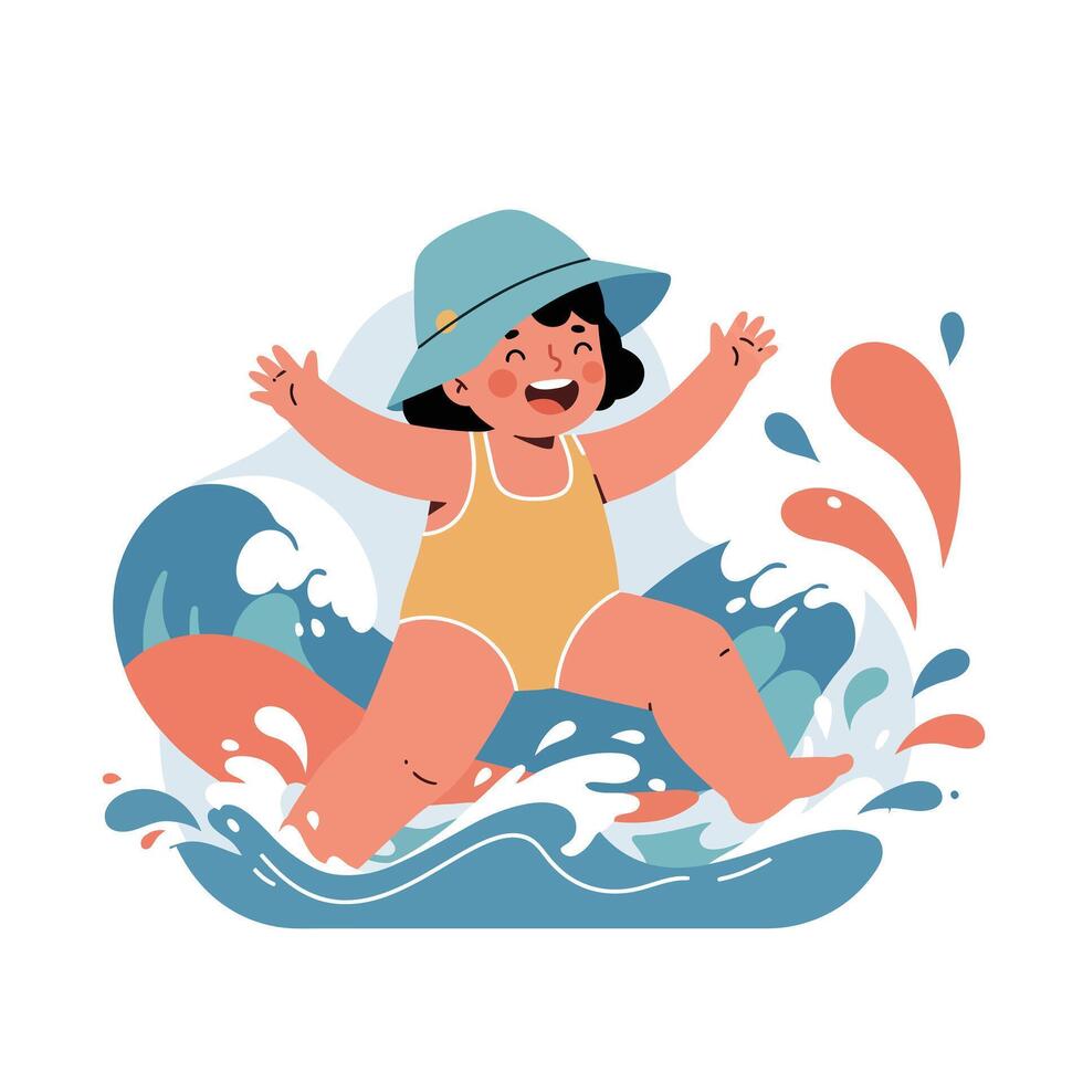 Child playing and splashing water in summer wearing sun hat and swimsuit joyful activity vector