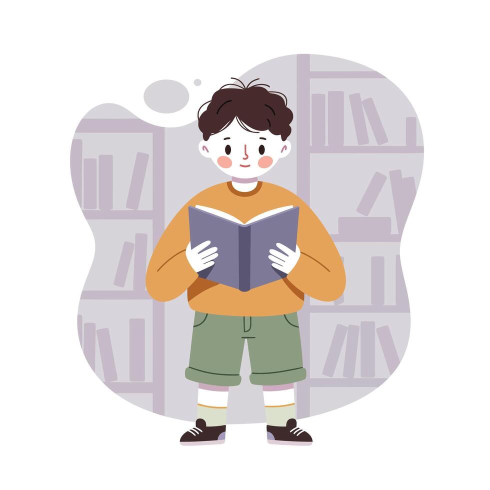 Boy reading book with orange sweater and green shorts in library background educational learning concept vector
