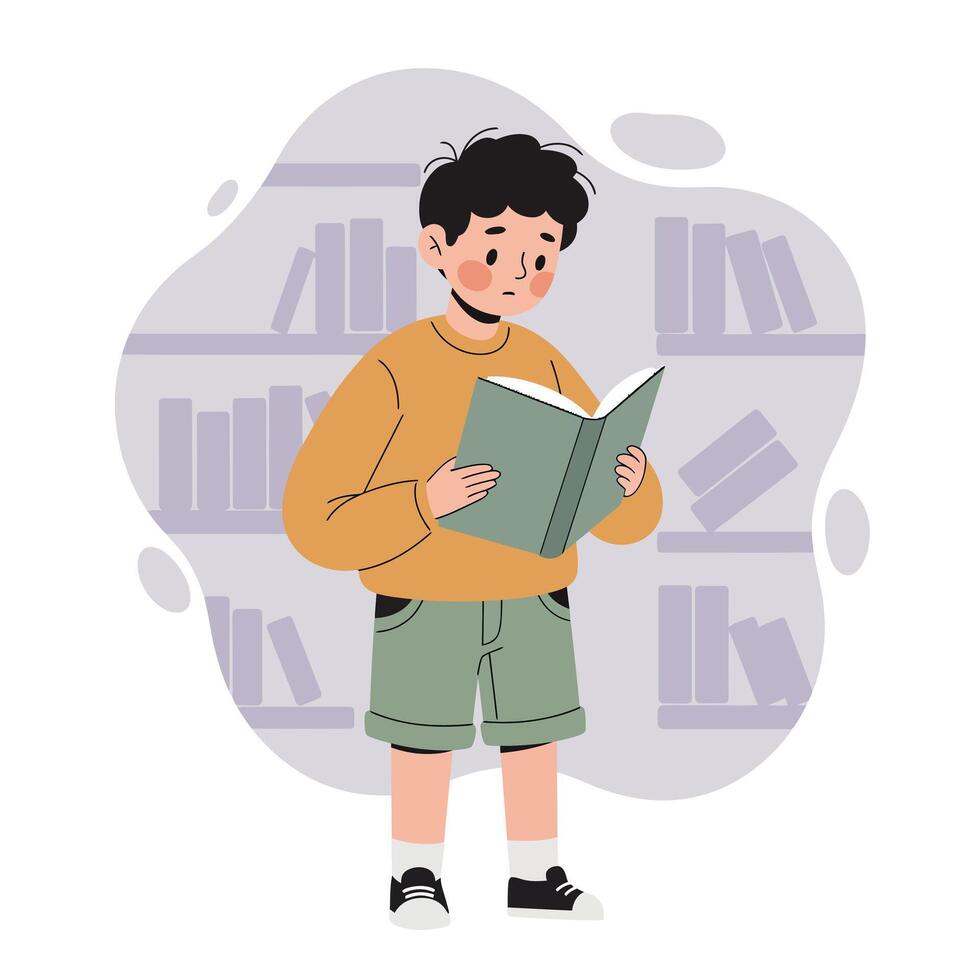 Young boy reading book in library with shelves background casual outfit indoors educational activity vector