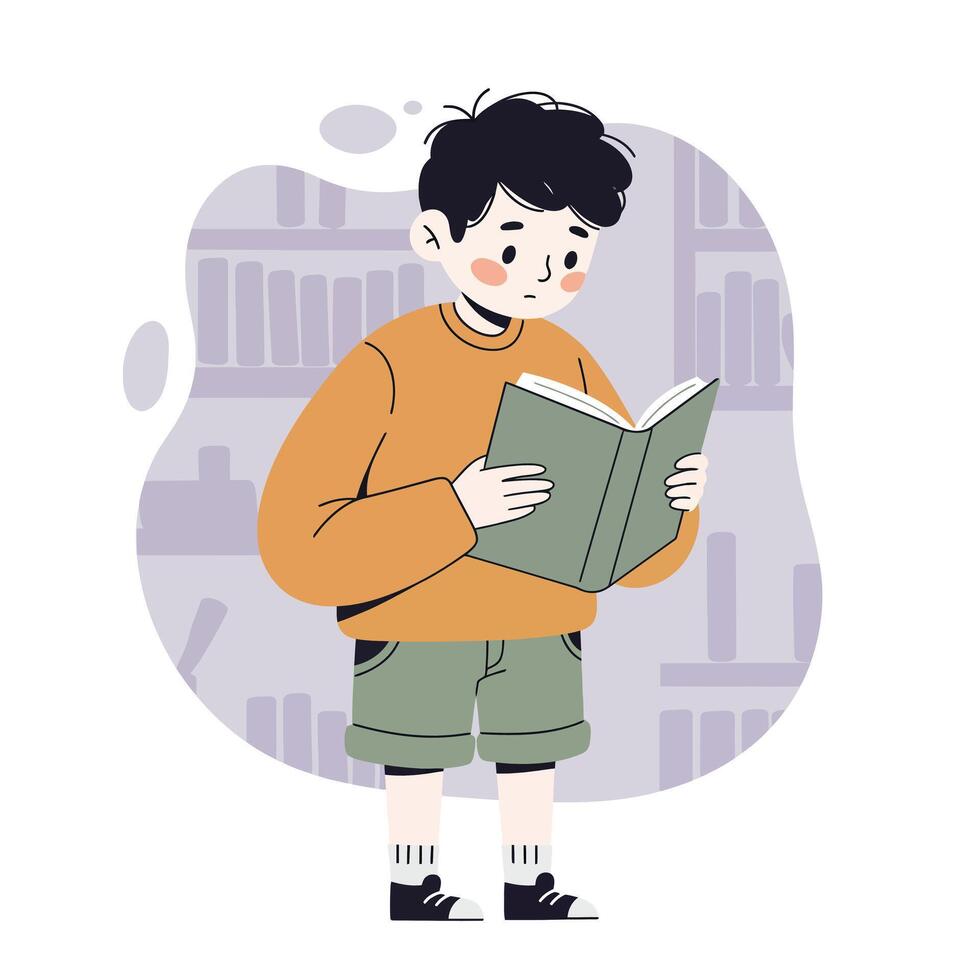 Young boy reading book in library setting with casual clothing and calm expression vector