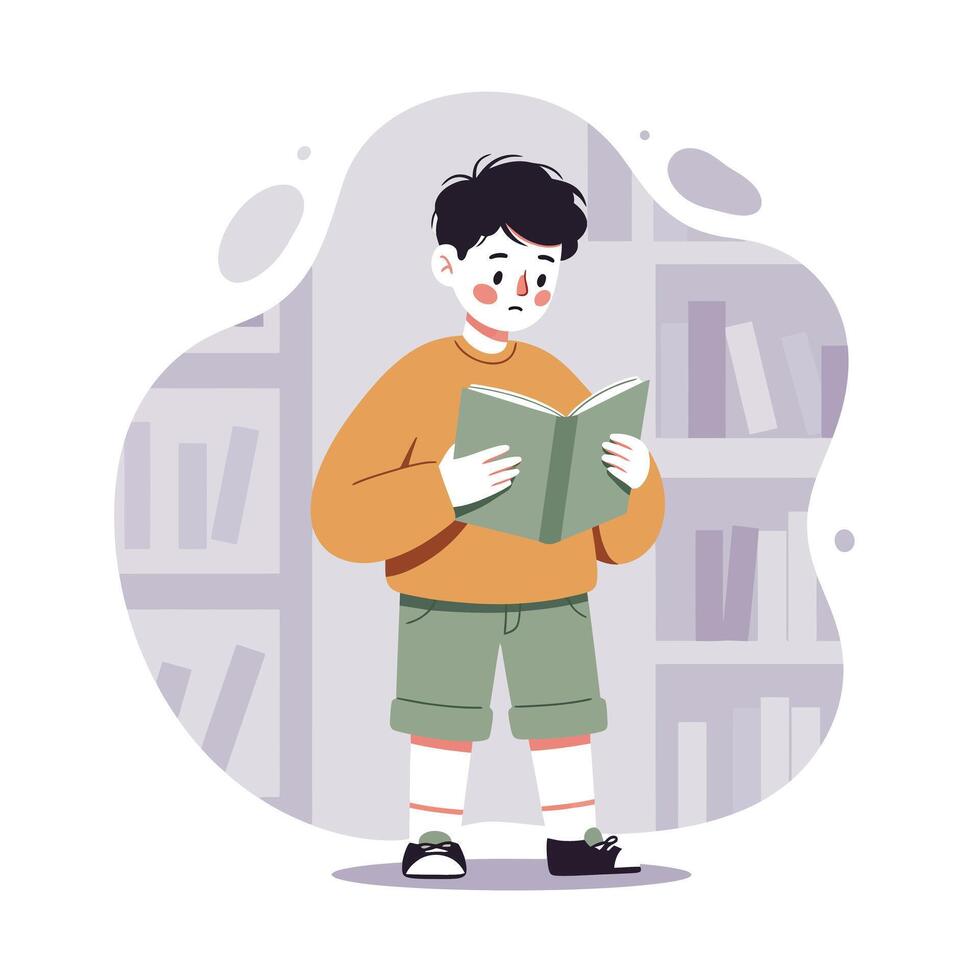 Young boy reading book in library setting with shelves background and casual clothing natural educational scene vector