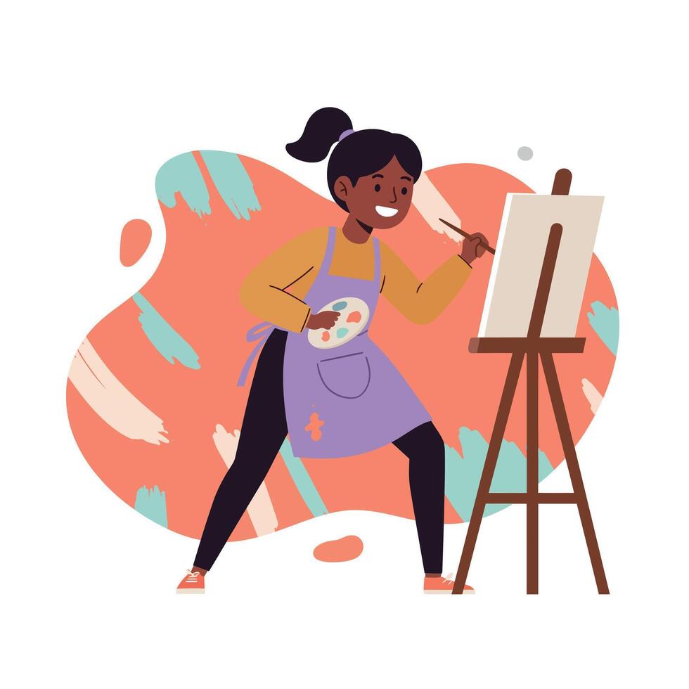 Young woman painting on canvas with easel and palette in creative art studio environment vector