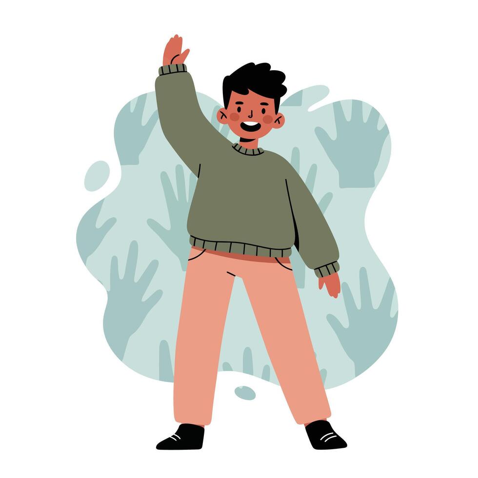 Young man waving hand wearing green sweater and pink pants standing with abstract hand shadows background in casual style vector