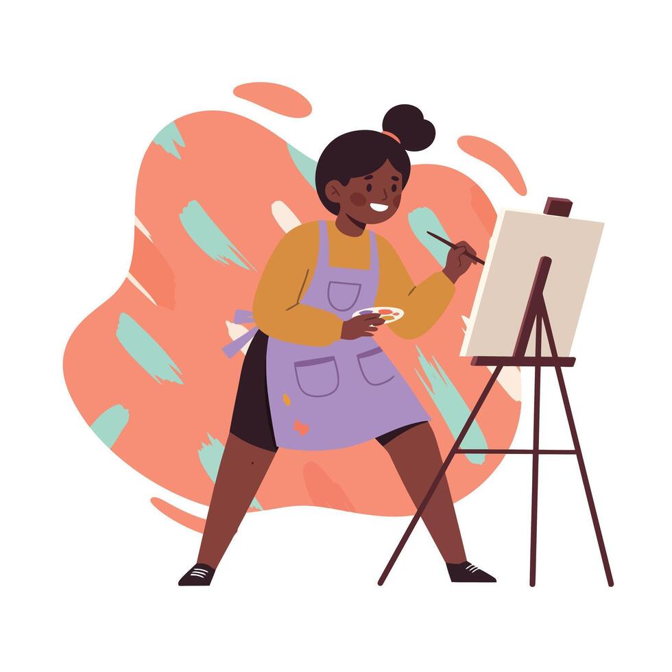 Woman painting on canvas easel wearing apron creating art with brush and palette indoors vector