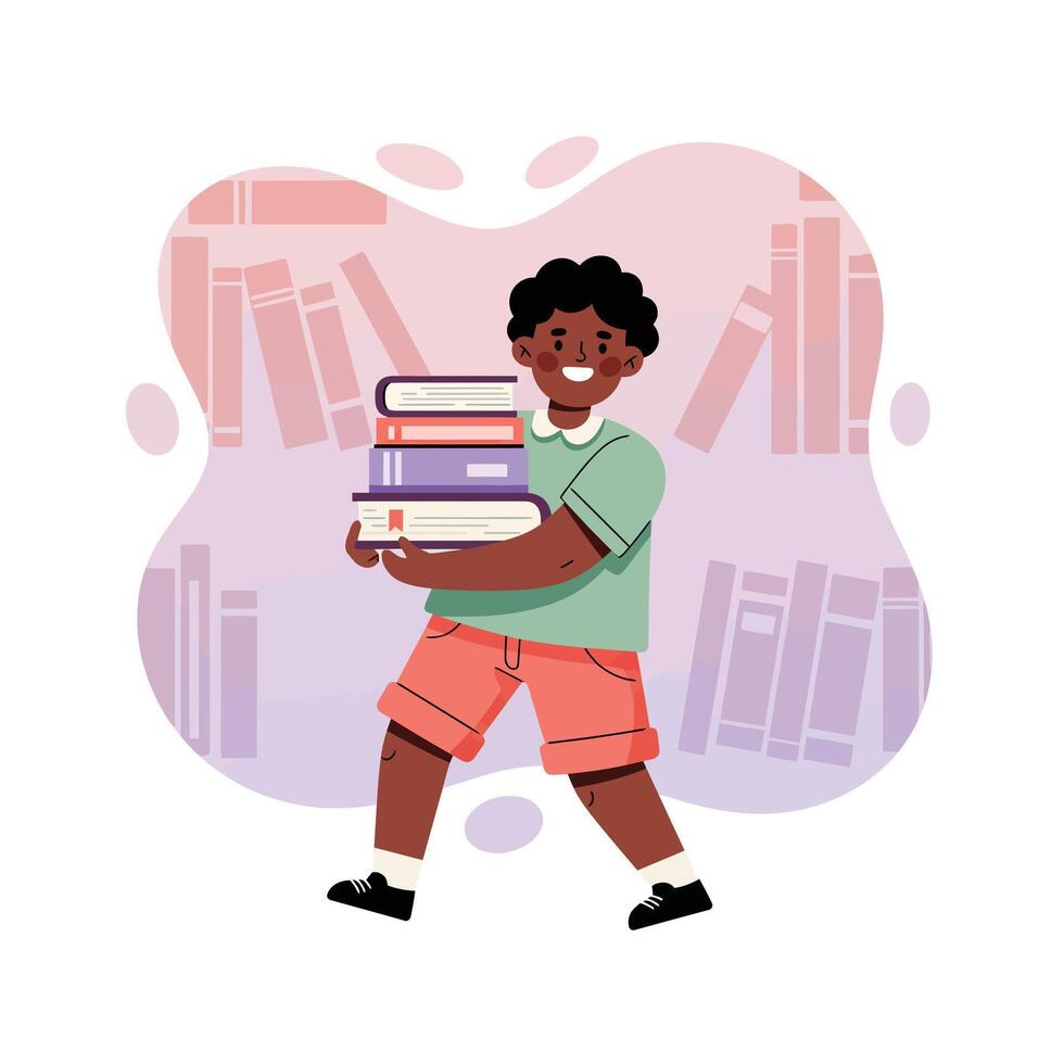 Young boy carrying stack of books in casual outfit surrounded by bookshelf background illustration vector
