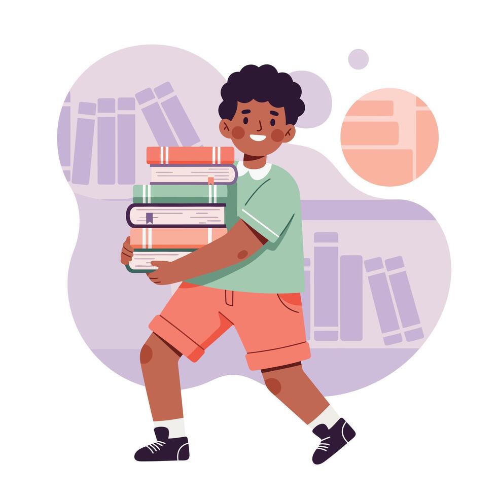 Boy carrying stack of books indoors with bookshelf background in casual green and orange outfit vector