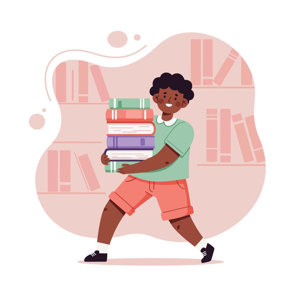 Boy carrying stack of colorful books in library background with bookshelf design and casual clothes vector
