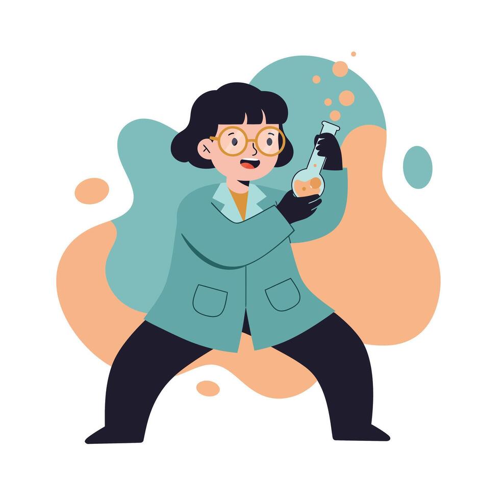Female scientist in teal coat and glasses holding bubbling flask with orange bubbles in lab environment cartoon illustration vector