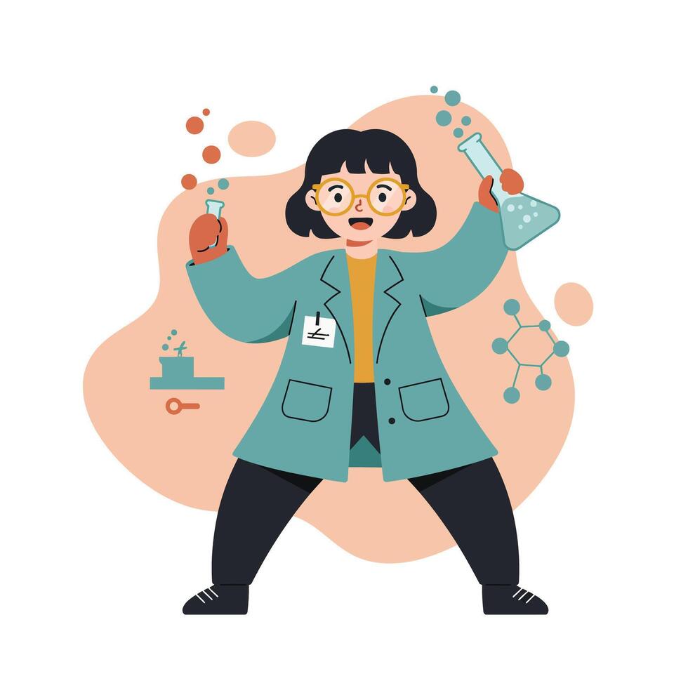 Female Scientist Holding Flask and Test Tube Conducting Chemistry Experiments in Lab Coat with Glasses Illustration vector