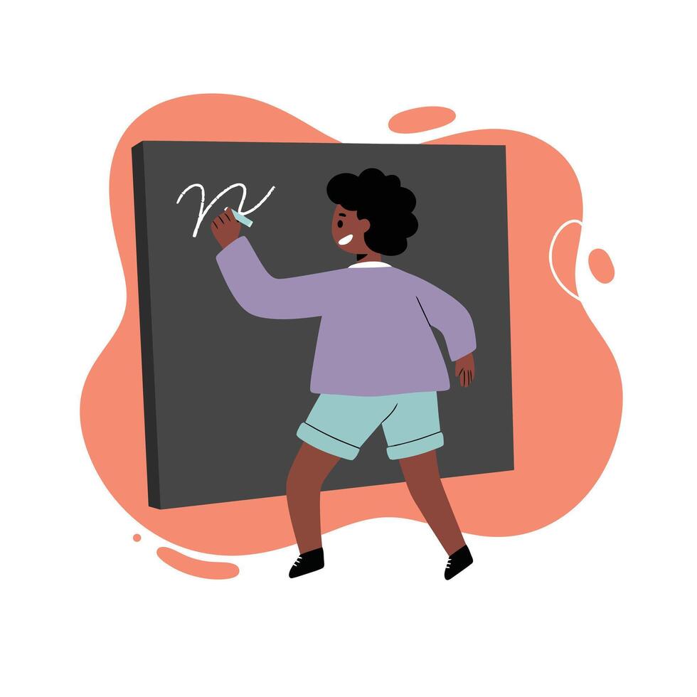 Young boy writing on blackboard with white chalk in educational setting with orange background illustration vector