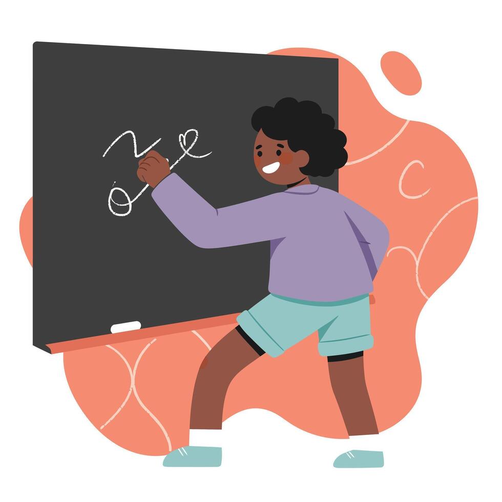 Child writing playful letters on classroom blackboard with cheerful expression and casual clothing vector