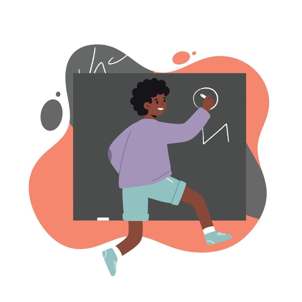 Child drawing on blackboard with chalk in creative classroom environment for learning development vector
