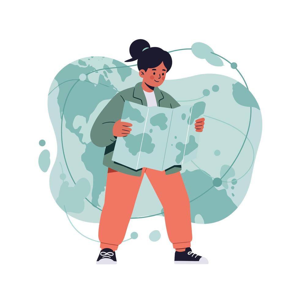 Young woman holding map exploring travel destinations with world map background in digital illustration vector