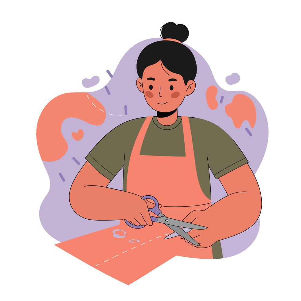 Woman cutting fabric with scissors sewing and crafting hobby activity in apron natural colors vector