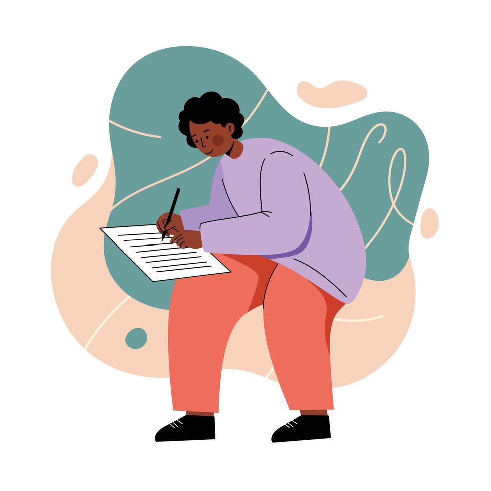 Young person writing on paper with pen in casual clothing against abstract background in modern illustration style vector
