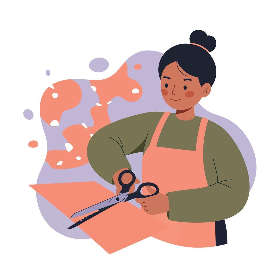 Woman cutting orange paper with scissors in creative crafting activity at home or studio vector