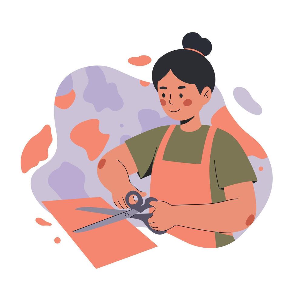 Woman cutting paper with scissors in creative crafting activity at home in casual outfit and apron vector