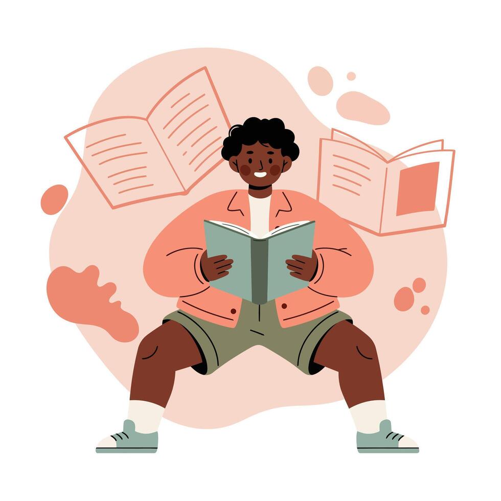 Young person sitting and reading book with floating pages around in casual clothing illustration vector