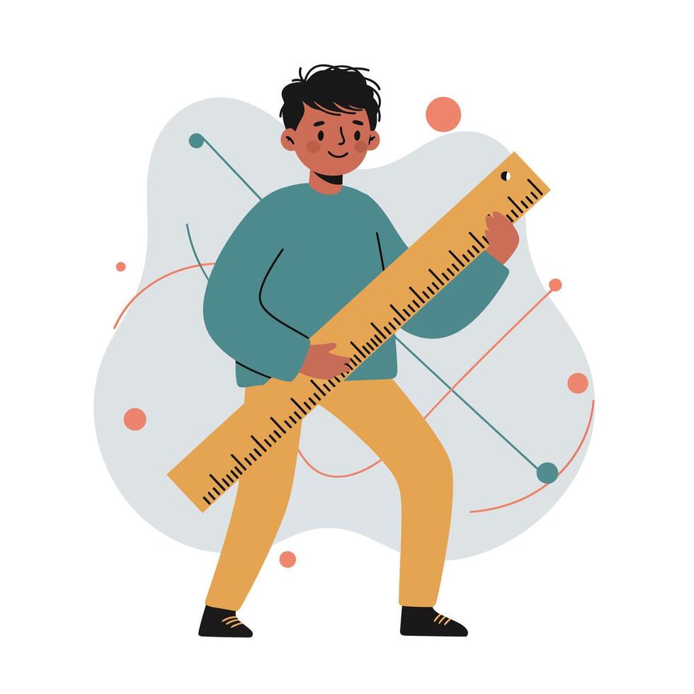Boy holding large yellow ruler with abstract shapes background in educational concept illustration vector