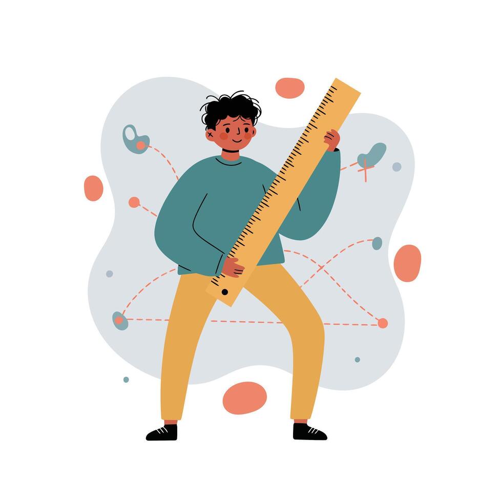 Young person holding large ruler with abstract background measuring size and dimensions in casual clothing vector