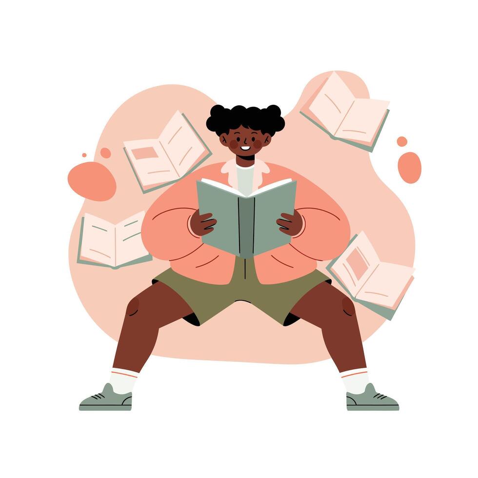 Child reading books surrounded by floating open books in educational learning environment illustration vector