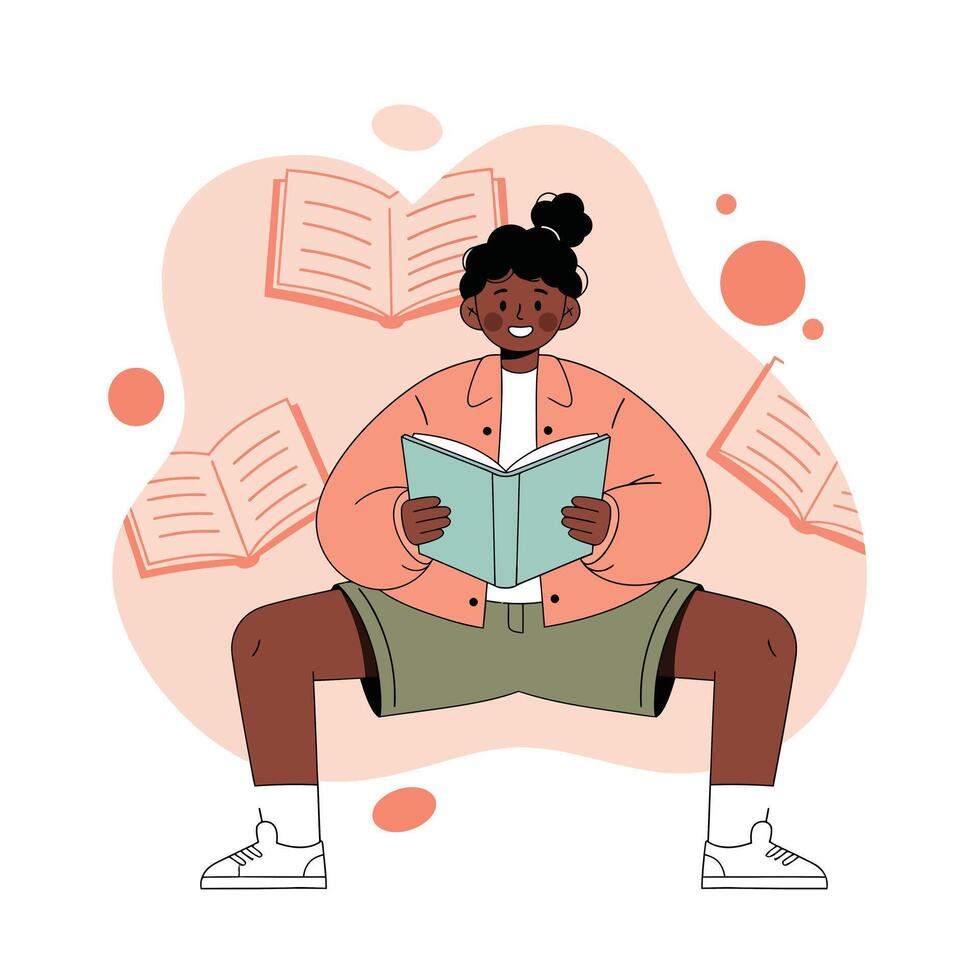 Young woman reading book with animated open books floating around in casual clothing and sneakers vector