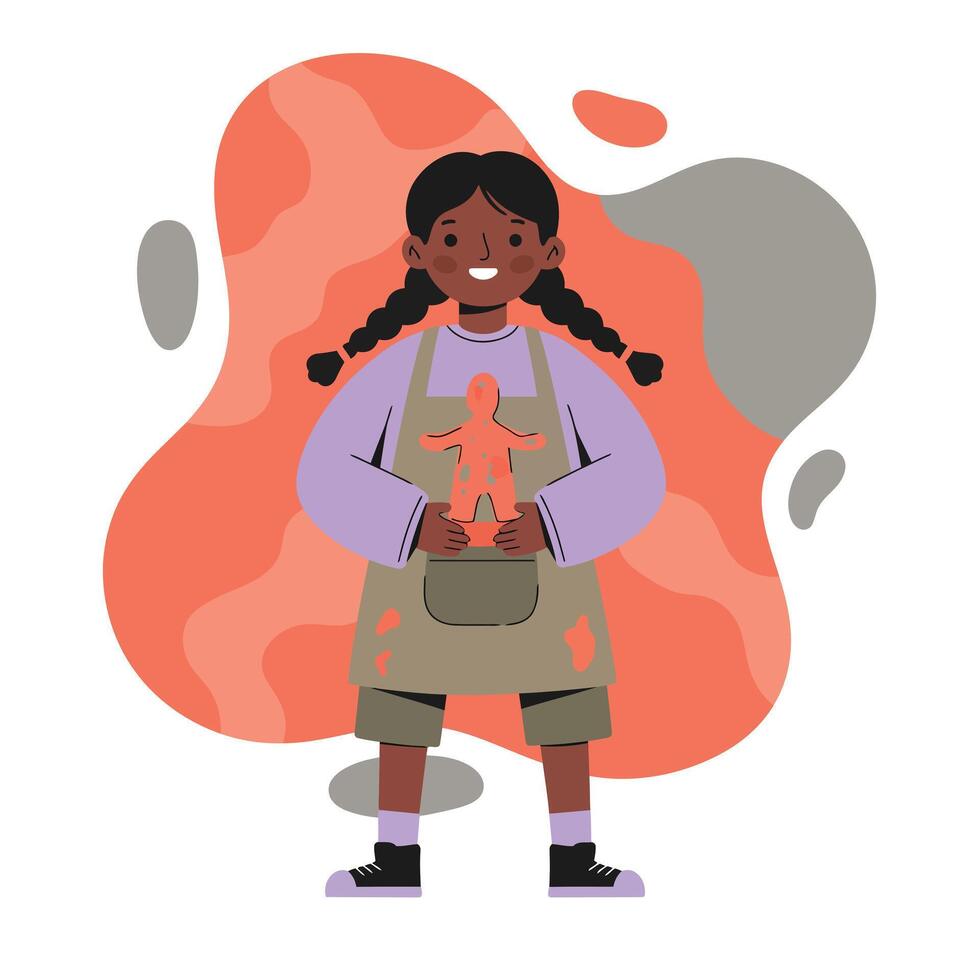 Girl with braids holding handmade clay doll with orange and grey abstract background illustration vector