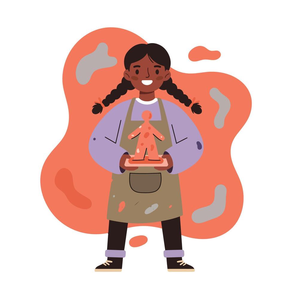 Young girl holding handmade clay sculpture in apron with paint stains cheerful artistic creativity expression vector