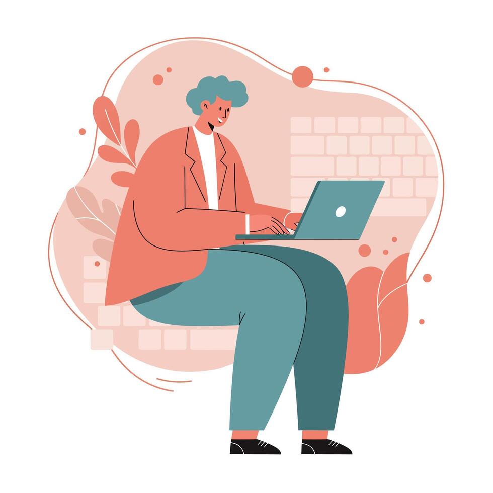 Person working on laptop in casual setting with abstract plant elements and warm color scheme digital illustration vector