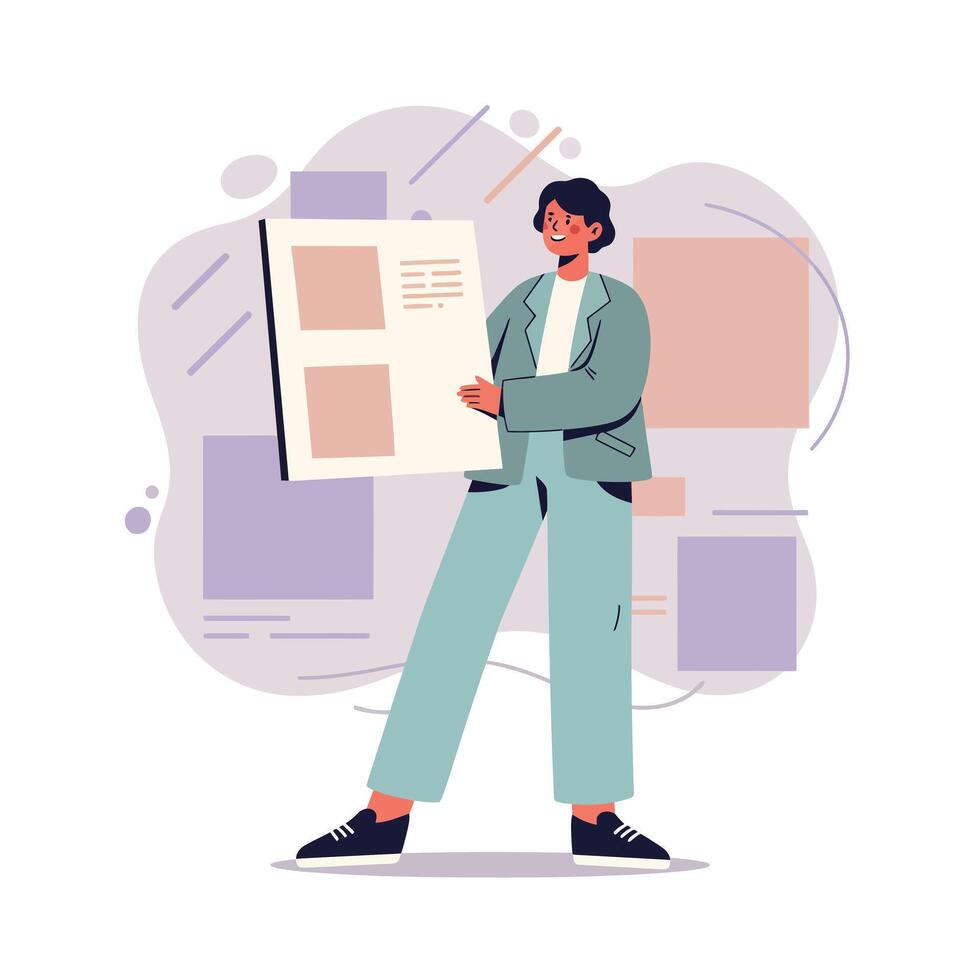 Young professional woman presenting project report in office environment with casual outfit and confident posture vector