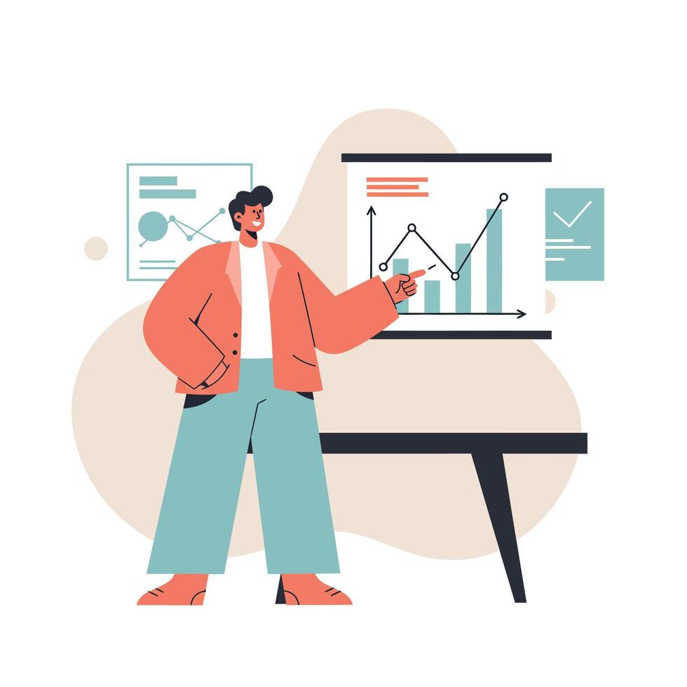 Businessman presenting financial growth chart showing increasing data trends and positive results in office setting vector